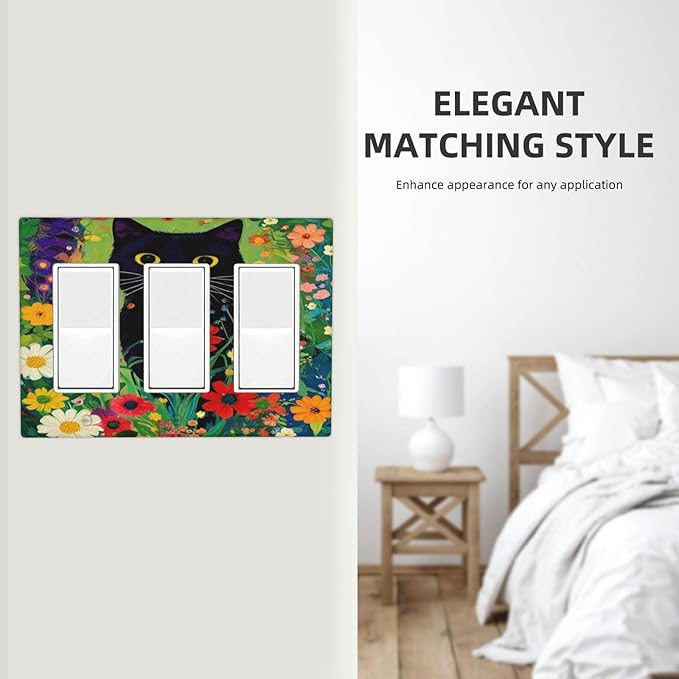 Decorative Art Light Switch Covers BlackCat&Flowers 3 Gang Triple Rocker Outlet Switch plate GFCI Faceplate GFCI for Home Decor