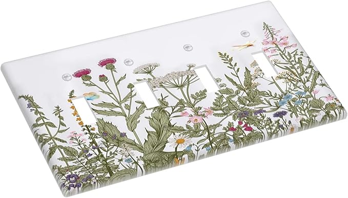 Rustic Wild Floral Vintage Teal Botanical Quad Toggle Light Switch Cover Decorative 4 Gang Switch Plates Cover for Bathroom Home Living Room Decor 8 X 4.5 In