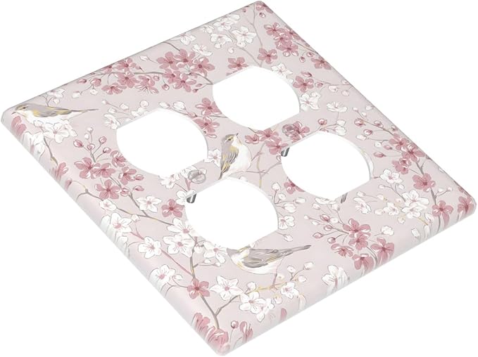 Pink Sakura Cherry Blossom Vintage Bird Floral Flower Outlet Covers 2 Gang Double Duplex Decorative Light Switch Covers Electrical Wallplates Socket Faceplate for Bedroom Living Room Decor