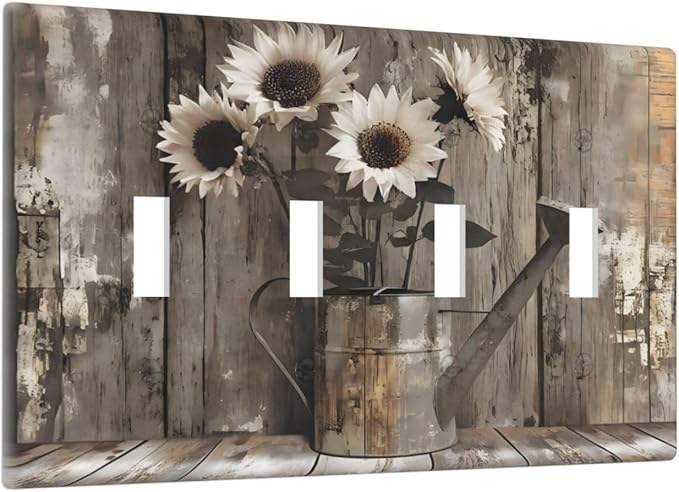 Rustic Floral Country Sunflower Daisy Old Wooden Boards Light Switch Covers Quad Toggle Electrical Faceplate 4 Gang Wall Plate Decorative Switch Plates Cover for Farmhouse Home Decor