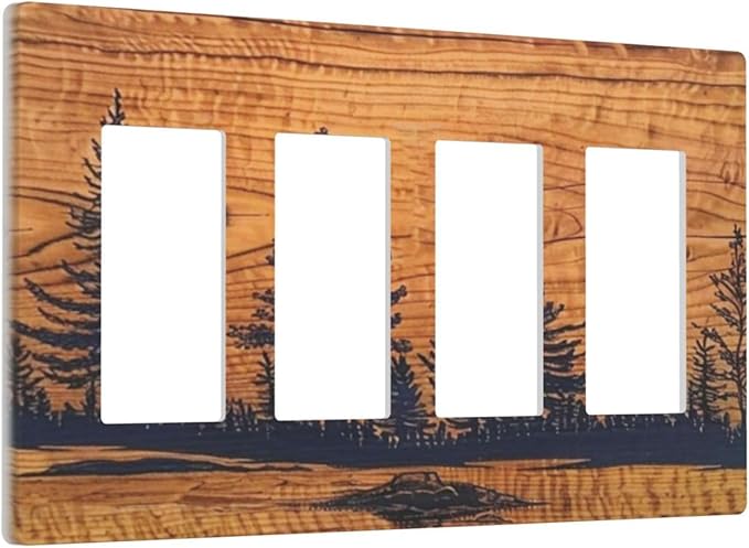 Forest Woods Decorative 4 Gang Quad Decorator Rocker/GFCI Outlet Light Switch Cover Pine Tree Lodge Cottage Barn Cabin Woodland Wooden Jungle Rustic Vintage Wall Plate Electric Faceplate Screwless