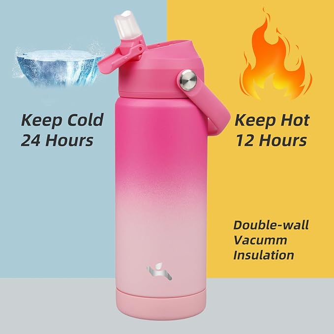 Konokyo Insulated Water Bottle with Straw Lid,18 oz Stainless Steel Vacuum Metal Bottle with Silicone Handle,Cherry Blossom