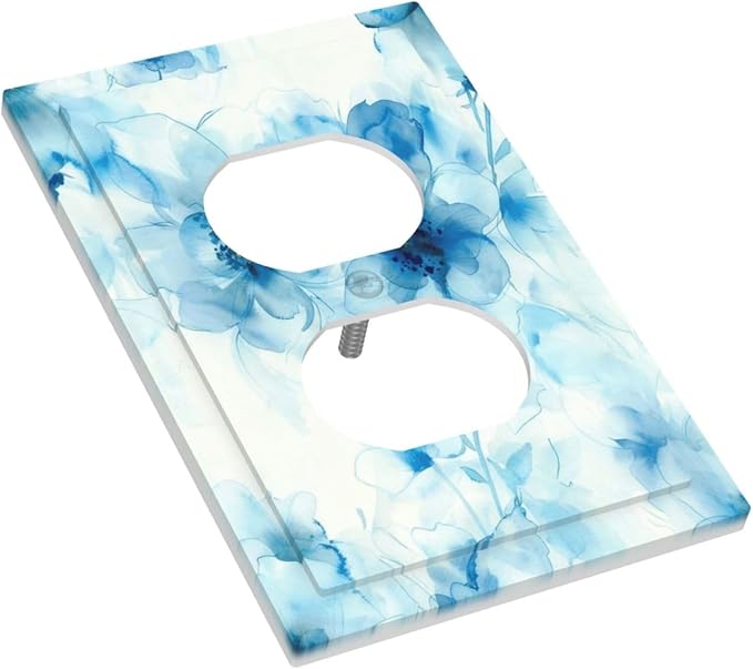 Watercolor Flower Blue White Large Floral Leaf Plants Outlet Covers 1 Gang Duplex Light Switch Cover Decorative Switch Plates Electrical Receptacle Faceplate Wall Plate for Bedroom Living Room Decor