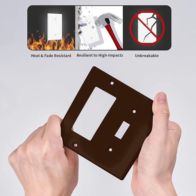 Decorative Brown 2 Gang Combination Single Toggle with One Rocker/GFCI Light Switch Cover Walnut Coffee Tan 1-Toggle 1-Decorator Wall Plate Electrical GFCI Combo Receptacle Outlet Faceplate Covers