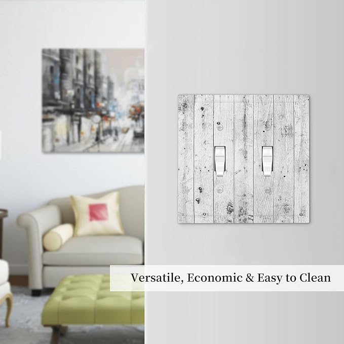 Decorative Switch Plates Rustic White Grey Wood Grain 2 Gang Double Toggle Wall Plate Outlet Light Switch Cover Electrical Faceplate for Farmhouse Home Decor