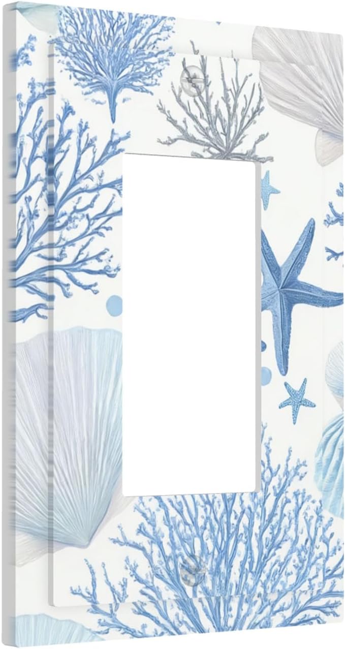 Coastal Blue Coral & Starfish Single Rocker Switch Cover - 1-Gang Standard US Size Watercolor Ocean Treasures Light Switch Covers, Serene Underwater Garden for Beach House Decor