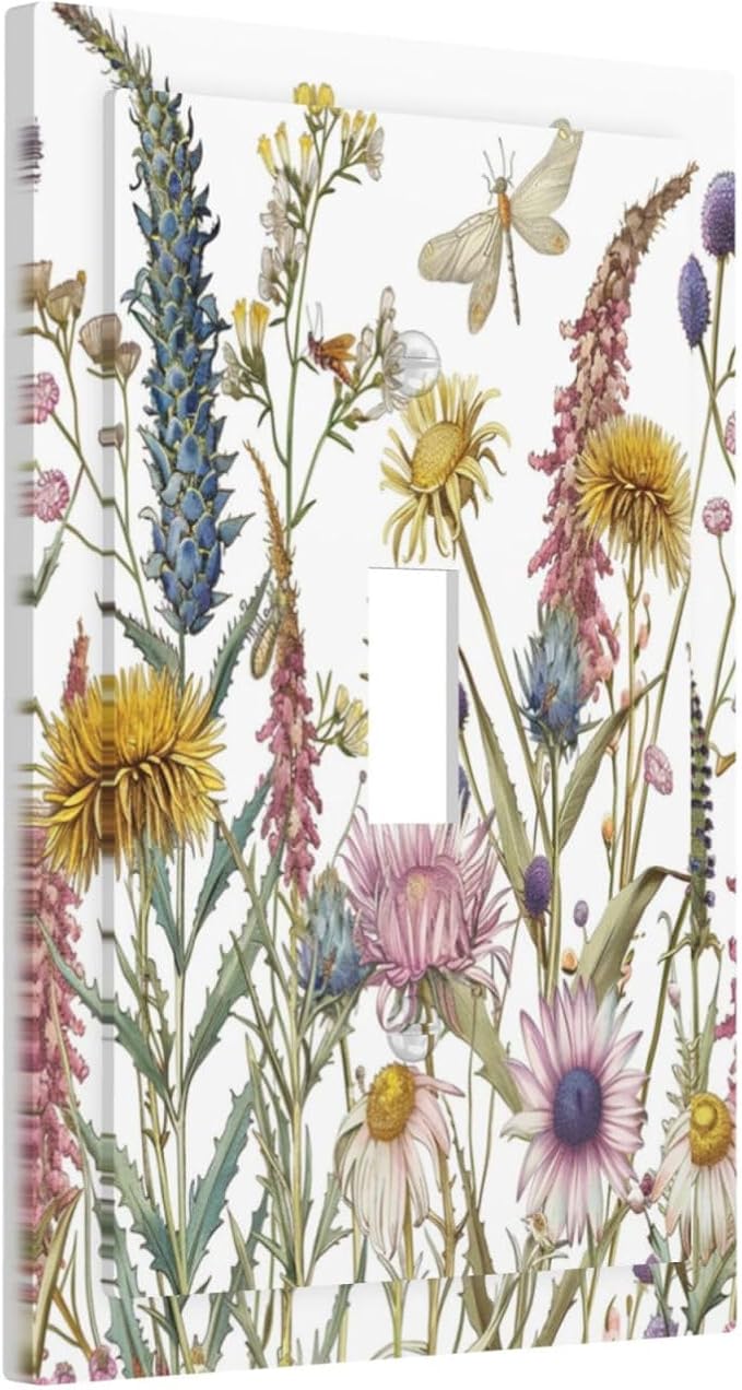 Light Switch Cover Plate Botanical Wildflowers Dragonfly Colorful Floral 1 Gang Single Toggle Decorative Switch Plates Wall Plates Electrical Faceplate for Bathroom Bedroom Decor