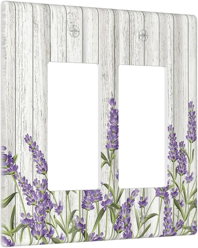 Rustic Wooden Plank Lavender Light Switch Plate Cover 2 Gang Double Rocker Wall Plates Electrical Faceplates Decorative GFCI Outlet Covers for Bedroom Bathroom Kitchen Art Decor
