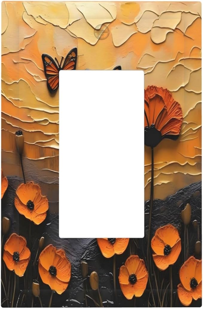 Oil Painting Flower Sunset Butterfly Vintage Rustic Floral Decorative Outlet Covers 1 Gang Single Rocker Light Switch Cover Plate Wall Plates GFCI Faceplate for Bedroom Living Room Decor