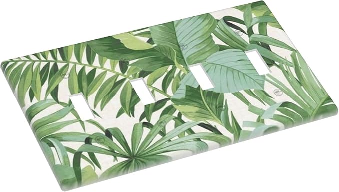 Green Tropical Palm Tree Leaf 4 Gang Four Device Decorative Light Switch Cover Summer Japanese Banana Leaves Greenery Quad Toggle Decorator Wall Plate Outlet Cover Electrical Faceplate Switchplate