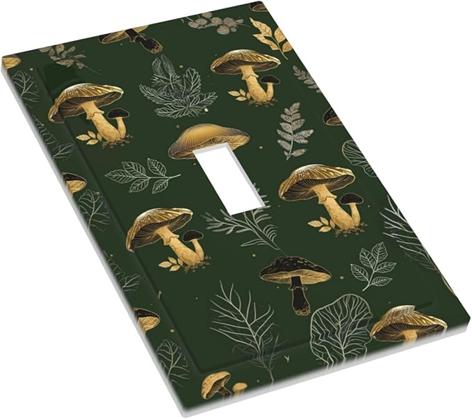 Decorative Light Switch Cover Plate Cute Gold Mushtroom Green Plant Leaf 1 Gang Single Toggle Wall Plates for Electrical Outlet Covers Switch Plate Covers Faceplate for Bedroom Decor