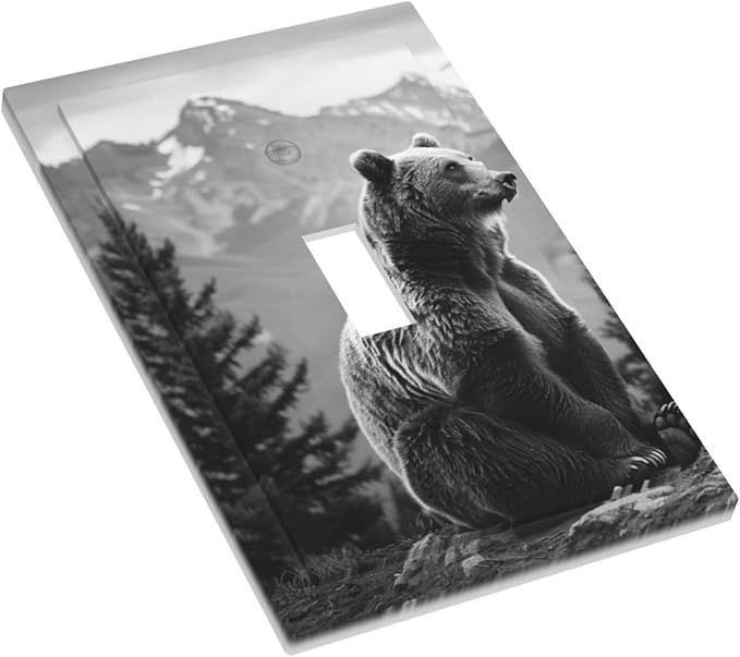 Light Switch Cover Plate Black White Bear Mountain Pine Trees Wilderness 1 Gang Single Toggle Decorative Switch Plates Wall Plates Electrical Faceplate for Bathroom Bedroom Decor