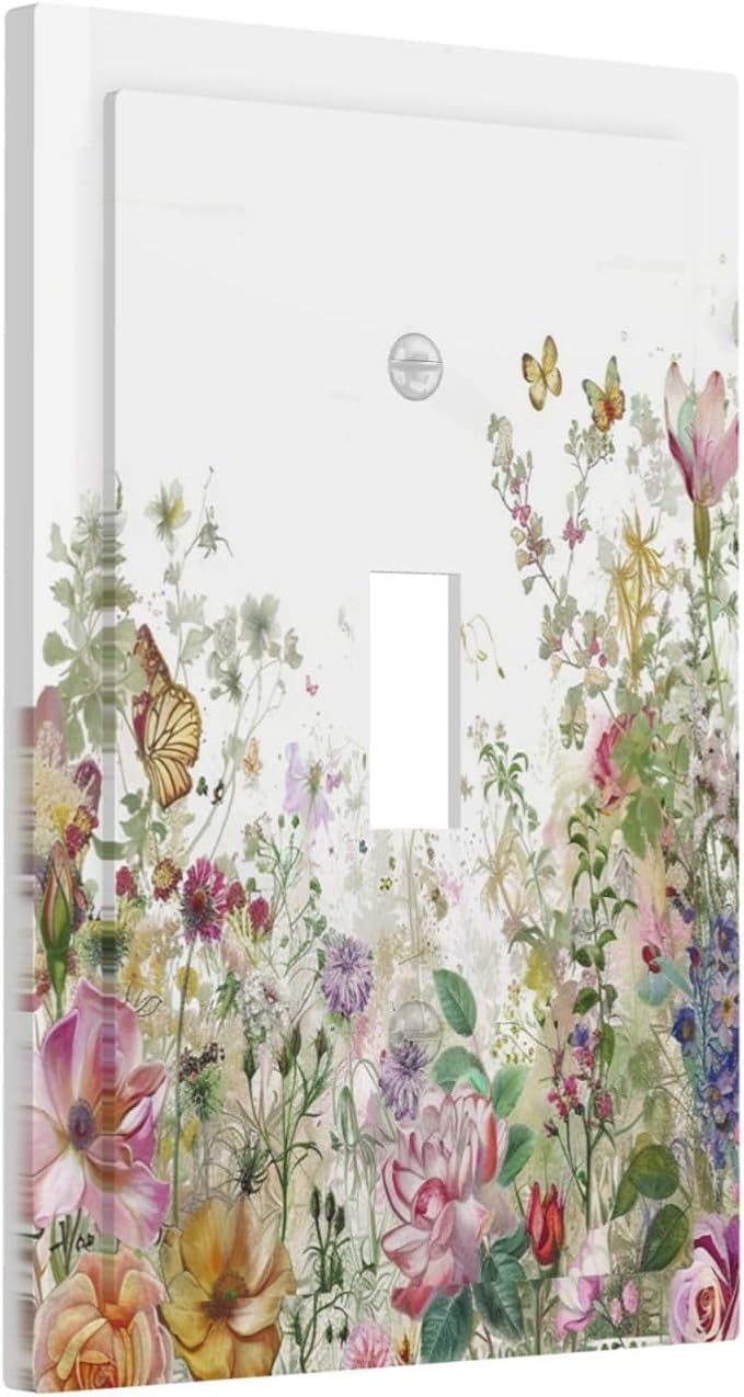 Decorative Light Switch Cover Boho Wildflower Colorful Floral Butterfly 1 Gang Single Toggle Device Electrical Faceplate Switchplates Decorator Outlet Wall Plate For Bed Room Living Room