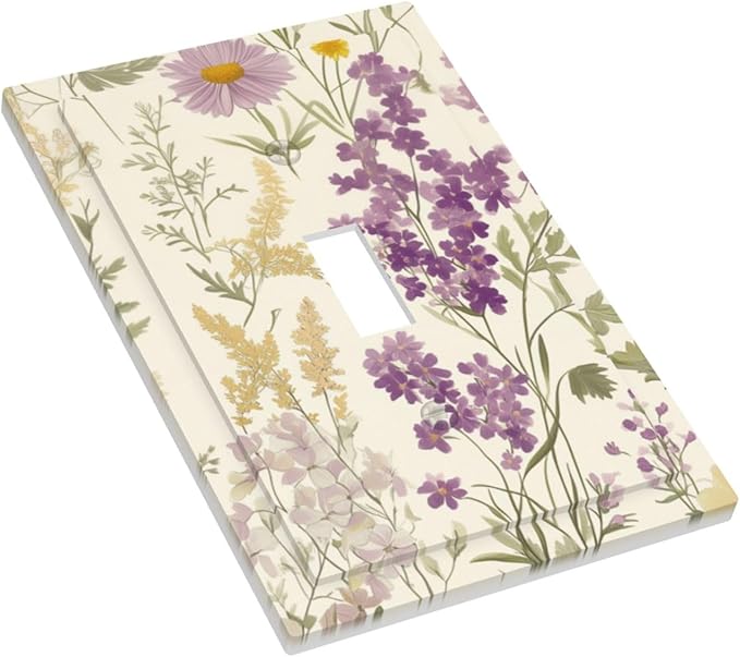 Watercolor Floral Leaves 1 Gang Light Switch Cover Single Toggle Wall Plate Small Purple Flowers Daisies Decorative Electrical Switchplate Covers for Country Bedroom Kitchen Living Room Decor