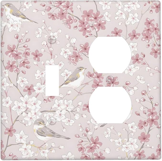 Pink Sakura Cherry Blossom Vintage Bird Floral Flower Wallplates 1 Toggle 1 Duplex Switch Plate Electrical GFCI Faceplate Decorative Light Switch Covers for Bedroom Living Room Decor
