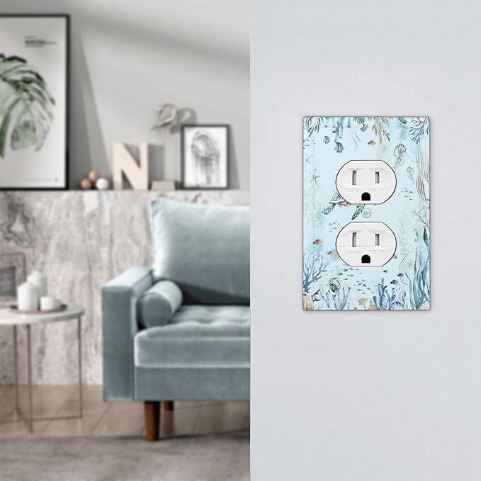 Outlet Covers Teal Blue Ocean Sea Turtle Seabed Plants 1 Gang Duplex Light Switch Cover Electrical Receptacle Faceplate Wall Plate Decorative Switch Plates for Bathroom Kids room Decor