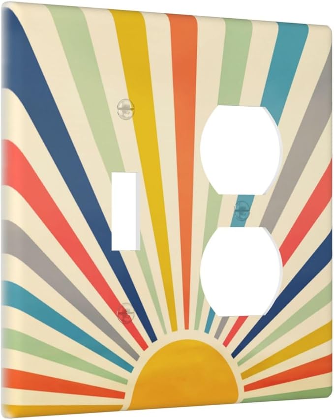 2-Gang 1-Toggle 1-Duplex Combination Wall Plate 1970s Hippie Bohemian Art Mid Century Boho Abstract Sun Sunrise Sunset Two Combo Double Device Toggle/Outlet Receptacle Light Switch Face Plate Cover