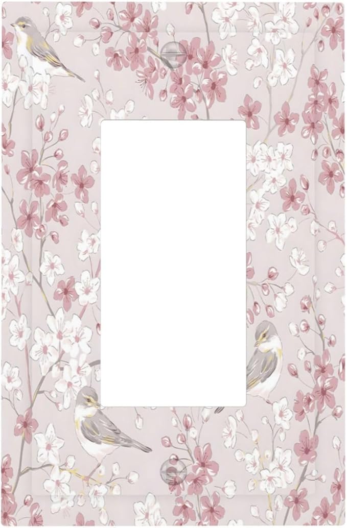 Pink Sakura Cherry Blossom Vintage Bird Floral Flower Decorative Outlet Covers 1 Gang Single Rocker Light Switch Cover Plate Wall Plates GFCI Faceplate for Bedroom Living Room Decor