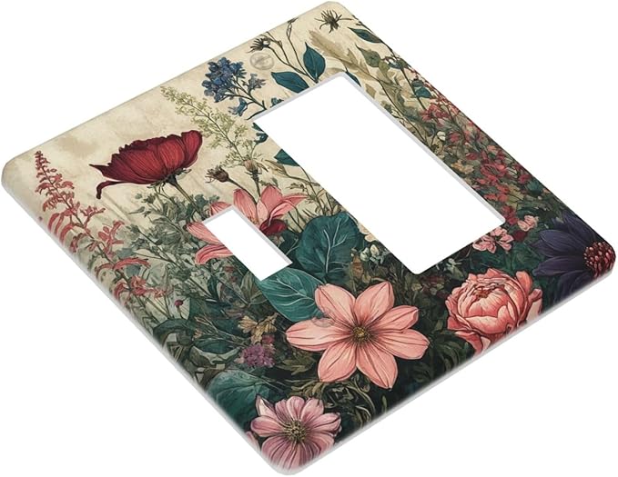 Decorative Outlet Covers Rustic Wildflower Red Floral Green Plant 2 Gang 1 Gang Wall Plate Cover Single Toggle Rocker Combination Light Switch Cover Plate Jumbo Face Plate