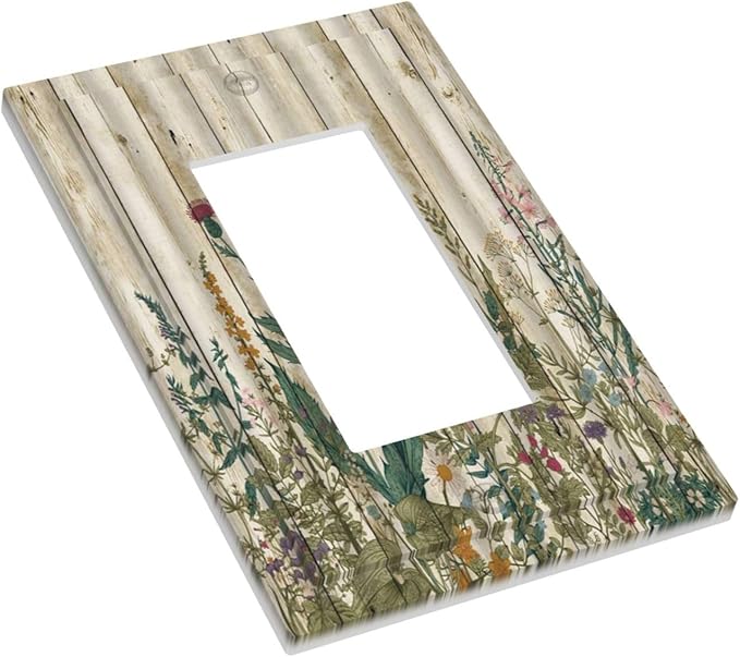 Vintage Wild Flowers Botanical Green Leaves Plants 1 Gang Rocker Light Switch Covers Decorative Rustic Wood Plank Single Decora Outlet Wall Plate Faceplate Switchplate GFCI for Farmhouse