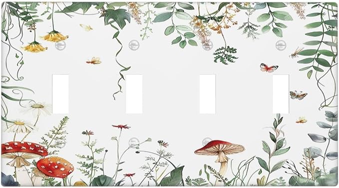 Light Switch Covers Sage Plant Red Mushroom Butterfly Wild Flower Quad Toggle Electrical Faceplate 4 Gang Wall Plate Decorative Switch Plates For Bed Room Kids Room Decor
