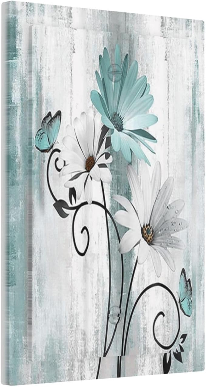 Teal Daisy Vintage Flower Butterfly Rustic Wood Print Light Switch Cover Plate 1 Gang No Device Blank Electrical Wall Plates Faceplate Decorative Switch Plate for Farmhouse Home Decor