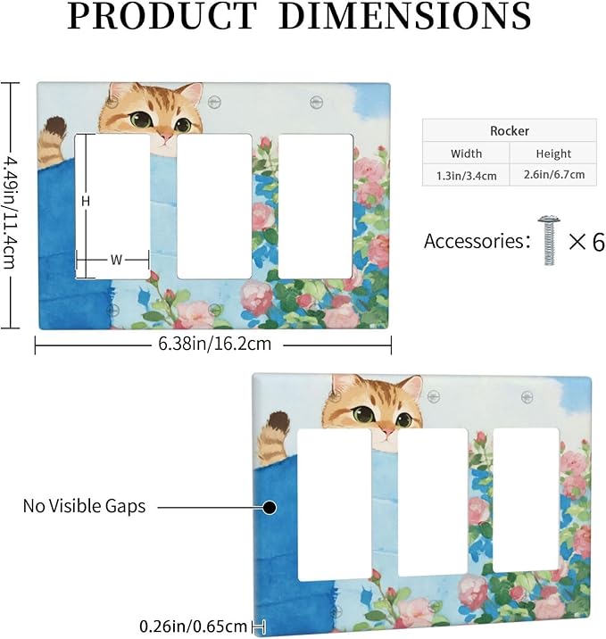Cat Flower Triple Rocker Wall Plate Decorative 3 Gang Light Switch Covers Electrical Switchplate Home Decorate Faceplat for Bathroom Bedroom Kitchen Room 4.5 x 6.38 Inch