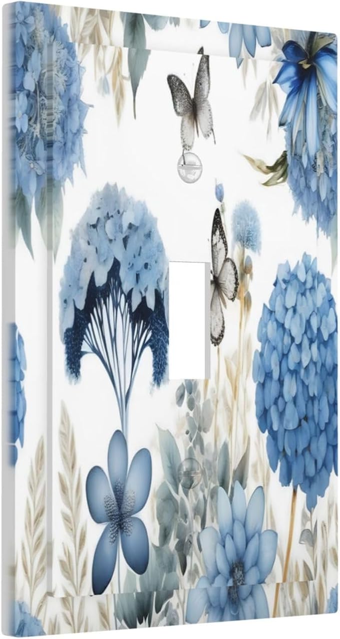 Blue Floral Hydrangea Floral Butterfly Flower Plant Decorative Light Switch Cover 1 Gang Single Toggle Device Electrical Faceplate Switchplates Decorator Outlet Wall Plate for Bedroom Living Room