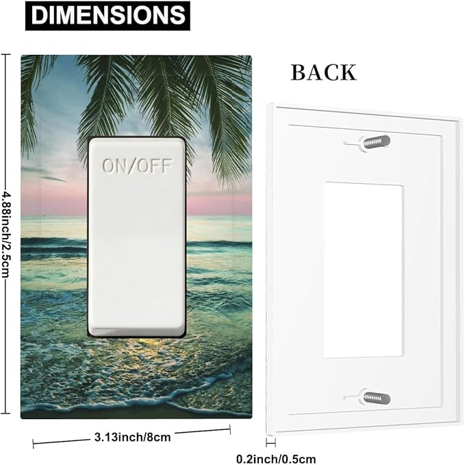 Tropical Beach Sunset Single Rocker Switch Cover - 1-Gang Standard US Size Palm Fringe Ocean View Light Switch Covers for Pool Beach House Decor
