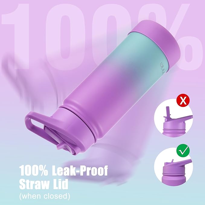 Mininoo Kids Water Bottle for School, 16oz Stainless Steel Insulated Water Bottle Kids with Straw Lid for Girls, Boys (2 Pack)