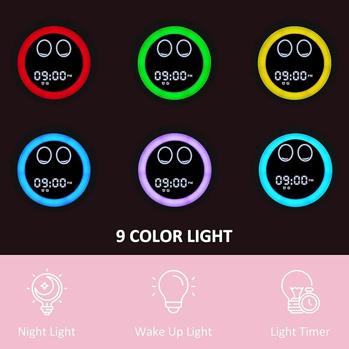 Kids Alarm Clock, Toddler Sleep Training Clock with Night Lights, Sound Machine, Time to Wake Dinosaur Alarm Clock for Children, Gift Ideas for Kids Toddler Boy Girl (Pink)