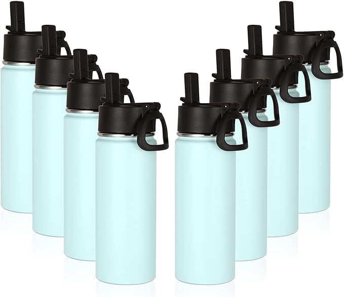 Volhoply 18oz Insulated Water Bottle Bulk 8 Pack,Kids Stainless Steel Water Bottles with Straw,Double Wall Vacuum Metal Cups Water Bottle,Wide Mouth Reusable Sport Flask for Cold Drink(Fog,8 Set)