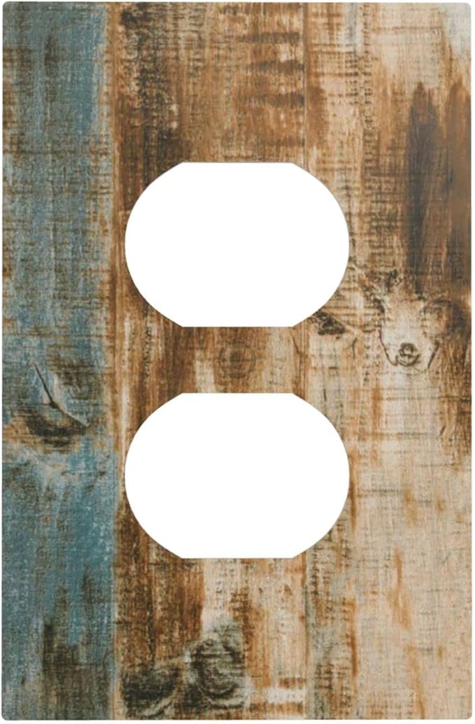 Vintage Wood Barn House Door 1 Gang Outlet Covers Duplex Receptacle Wall Plate Decorative Electrical Faceplate Switchplates For Country Farmhouse Cabin Turquoise Blue Brown Home Bedroom Decorate
