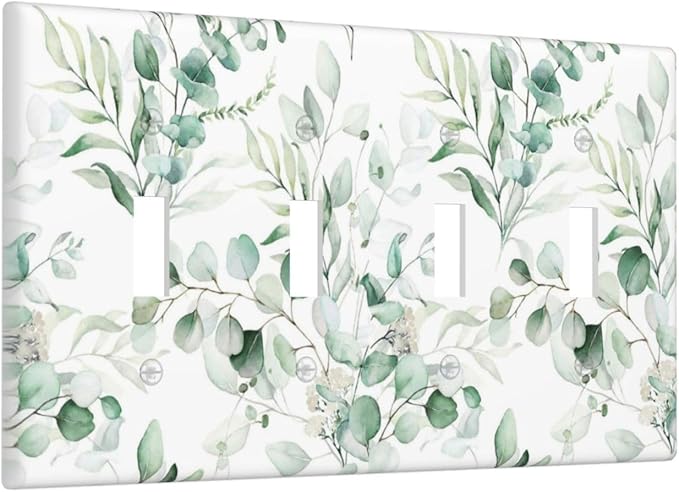 Boho Green Eucalyptus Leaf Floral Plants Flowers Light Switch Covers Quad Toggle Electrical Faceplate 4 Gang Wall Plate Decorative Switch Plates for Bed Room Living Room Decor