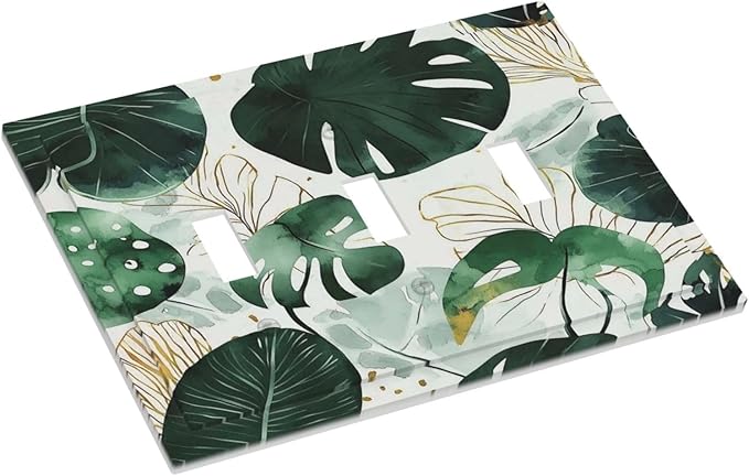 Boho Tropical Green Leaf Watercolor Banana Leaves Decorative Switch Plates 3 Gang Wall Plate Triple Toggle Light Switch Cover Faceplate Electrical Wall Panels For Bed Room Living Room Decor