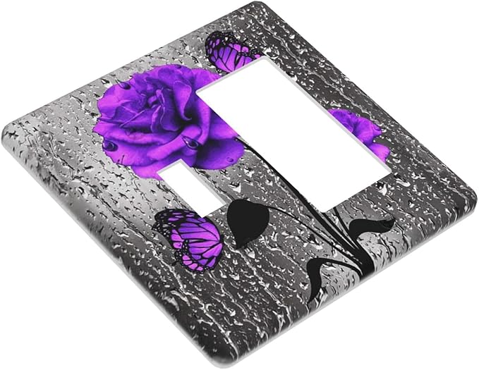 Romantic Purple Butterfly Rose Flower 2 Gang Single Toggle/Decorator Combination Light Switch Cover Decorative Combo 1-Toggle/1-GFCI/Rocker Wall Plate Cover