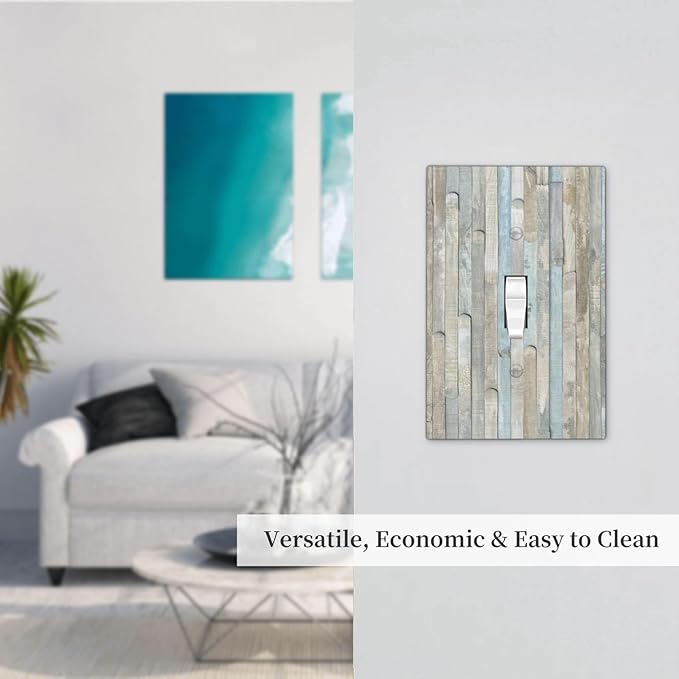 Rustic Vintage Country Farmhouse Kitchen Teal White Gray Blue Grey Wooden Wood Plank 1 Gang Electrical Single Toggle Device Switch Wall Plate Jumbo Size Decorative Outlet Light Switch Face Plate Cover