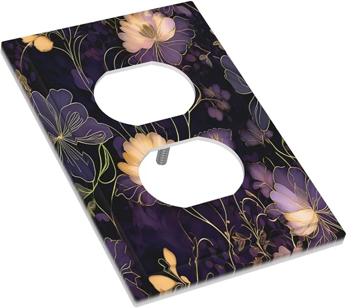 Modern Boho Vintage Gold Purple Dark Floral Modern Abstract Flowers Outlet Covers 1 Gang Duplex Electrical Receptacle Faceplate Light Switch Cover Wall Plate Decorative Switch Plates for Bedroom