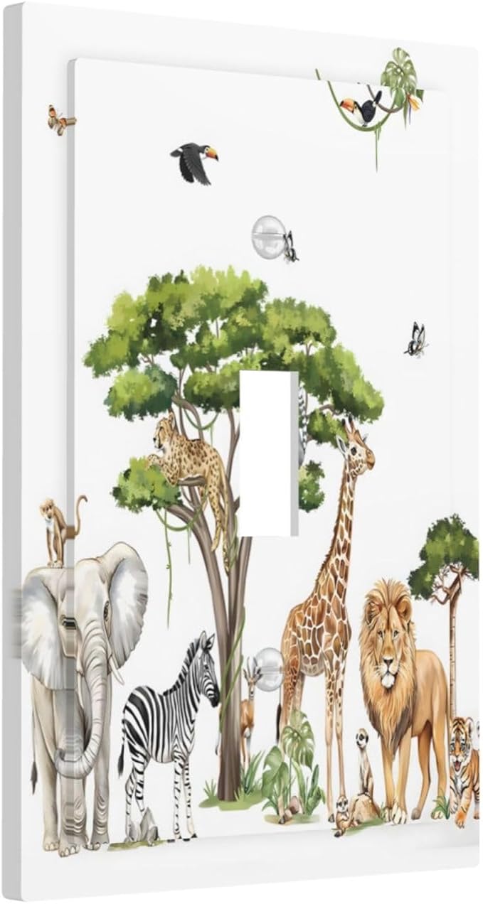 Large Animals Elephant Giraffe Jungle Lion Leopard Zebra Decorative Light Switch Cover 1 Gang Single Toggle Device Electrical Faceplate Switchplates Decorator Outlet Wall Plate for Kids Room Nursery