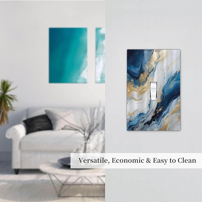 Abstract Blue Granite Luxury Watercolor Marble Texture Print 1 Gang Light Switch Covers Decorative Unique Single Toggle Wall Plate Switchcover Electrical Switchplate for Kitchen Bathroom Decor