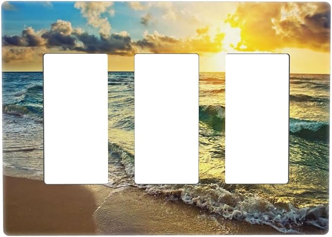 Sea Ocean Beach Sun Wave Sunrise 3 Gang Triple Rocker/Decora Light Switch Wall Plate Cover Decorative Electrical Faceplate Switchplate for Bathroom Living Room Decor