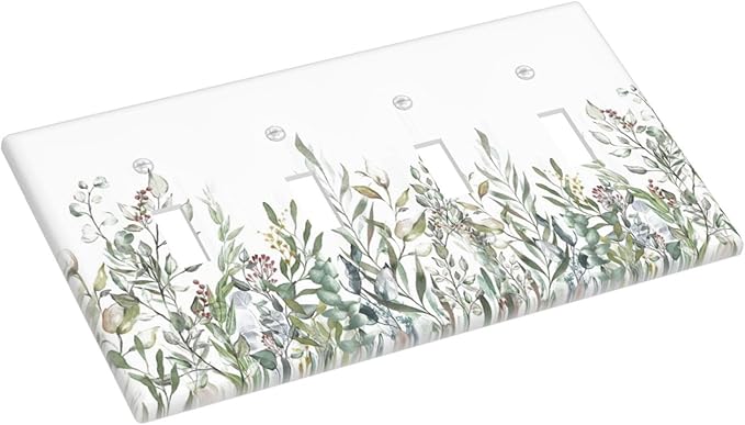 Wildflower Garden Rustic Green Leaf Floral Light Switch Covers Quad Toggle Electrical Faceplate 4 Gang Wall Plate Decorative Switch Plates for Bed Room Living Room Decor