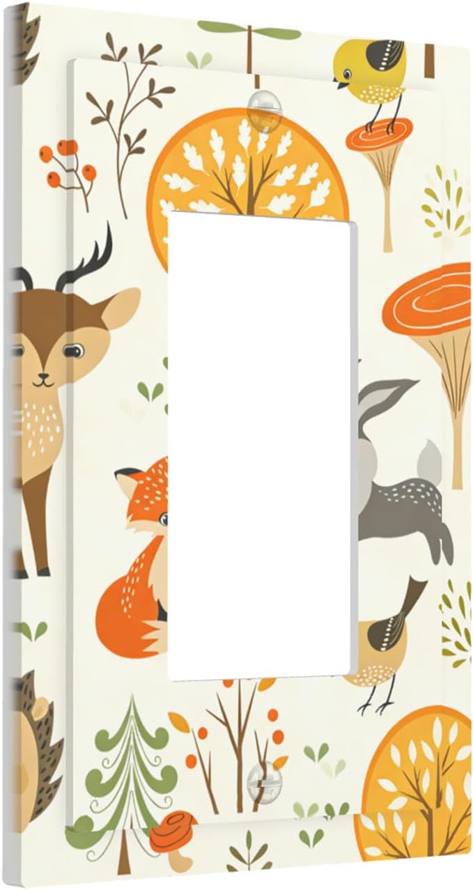 Cute Woodland Animals Single Rocker Switch Cover - 1-Gang Standard US Size Forest Pattern Trees Mushrooms and Berries Light Switch Covers for Boys & Girls Bedroom Decor