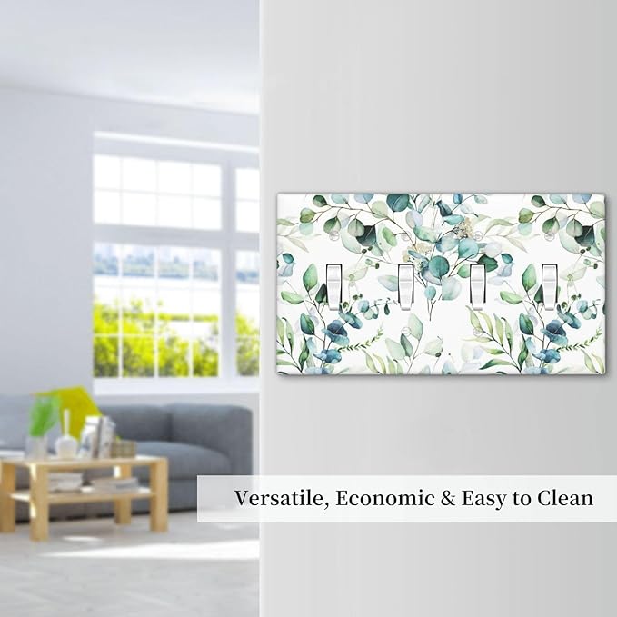 Green Olive Sage Eucalyptus Leaves Decorative 4 Gang Quad Toggle Light Switch Cover Electric Large Size Quadruple Faceplate Decorative Switch Face Wallplate