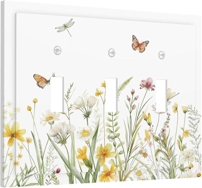 Colorful Wildflowers Dragonfly Butterfly Floral Decorative Switch Plates 3 Gang Wall Plate Triple Toggle Light Switch Cover Faceplate Electrical Wall Panels for Bedroom Living Room Decor