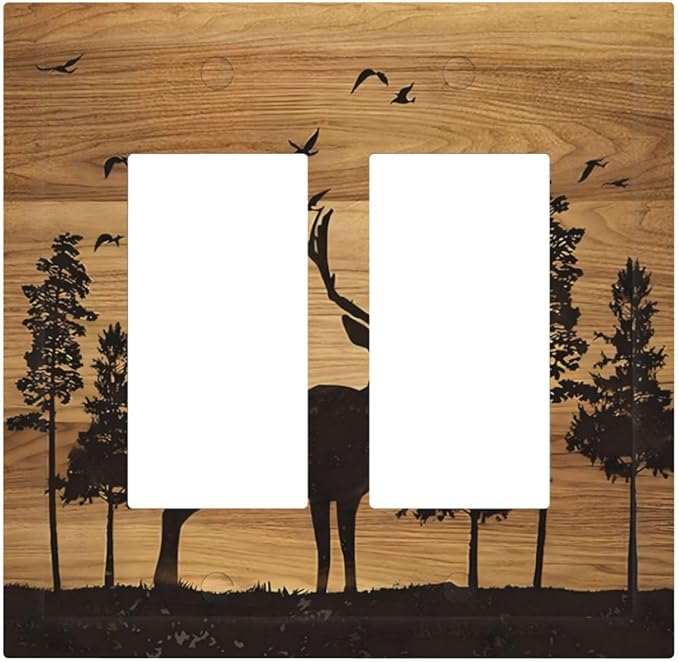 Elk Moose Forest Hunting Pyrography Art Wood Texture Print Decorative Outlet Covers 2 Gang Double GFCI Rocker Electrical Wall Panels Light Switch Cover Plate for Farmhouse Bedroom Decor