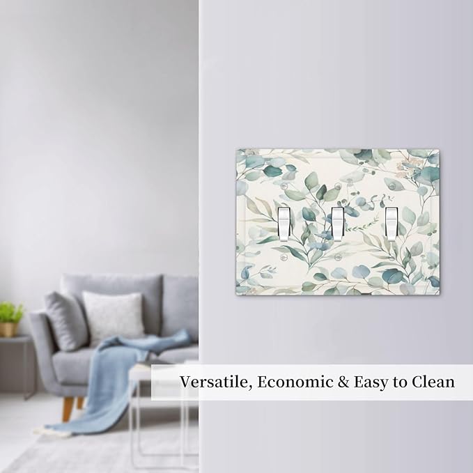 Boho Green White Eucalyptus Leaf Floral Decorative Switch Plates 3 Gang Wall Plate Triple Toggle Light Switch Cover Faceplate Electrical Wall Panels for Farmhouse Living Room Decor
