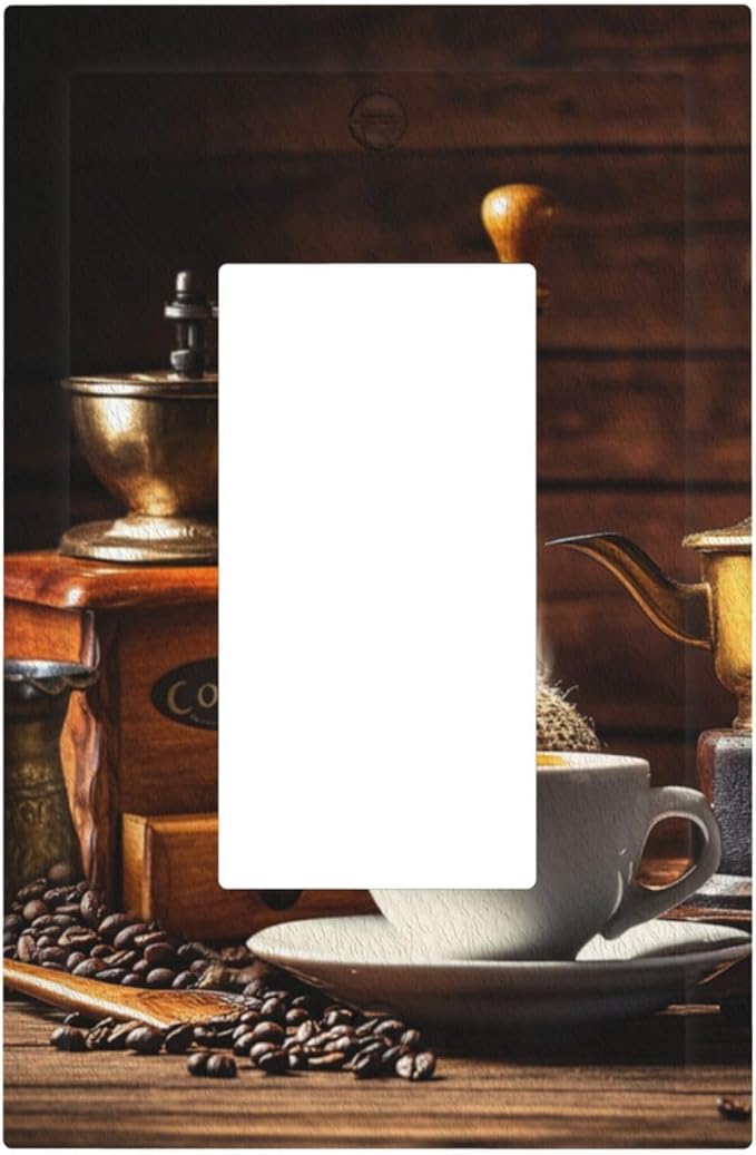 Decorative Light Switch Cover Plate with Vintage Coffee Retro Grinder Artwork Design 1 Gang Rocker Outlet Covers Single Decora Gfci Device Wall Plate for Rustic Kitchen Decor