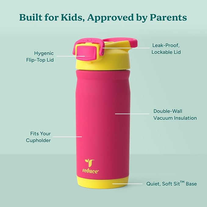 Reduce Hydrate Pro Kids 14oz Stainless Steel Insulated Water Bottle w/Straw – Spill Proof Tumbler for Kids – 30 Hour Cold Retention – Dishwasher Safe Leak-Proof Design - Abstract Flowers