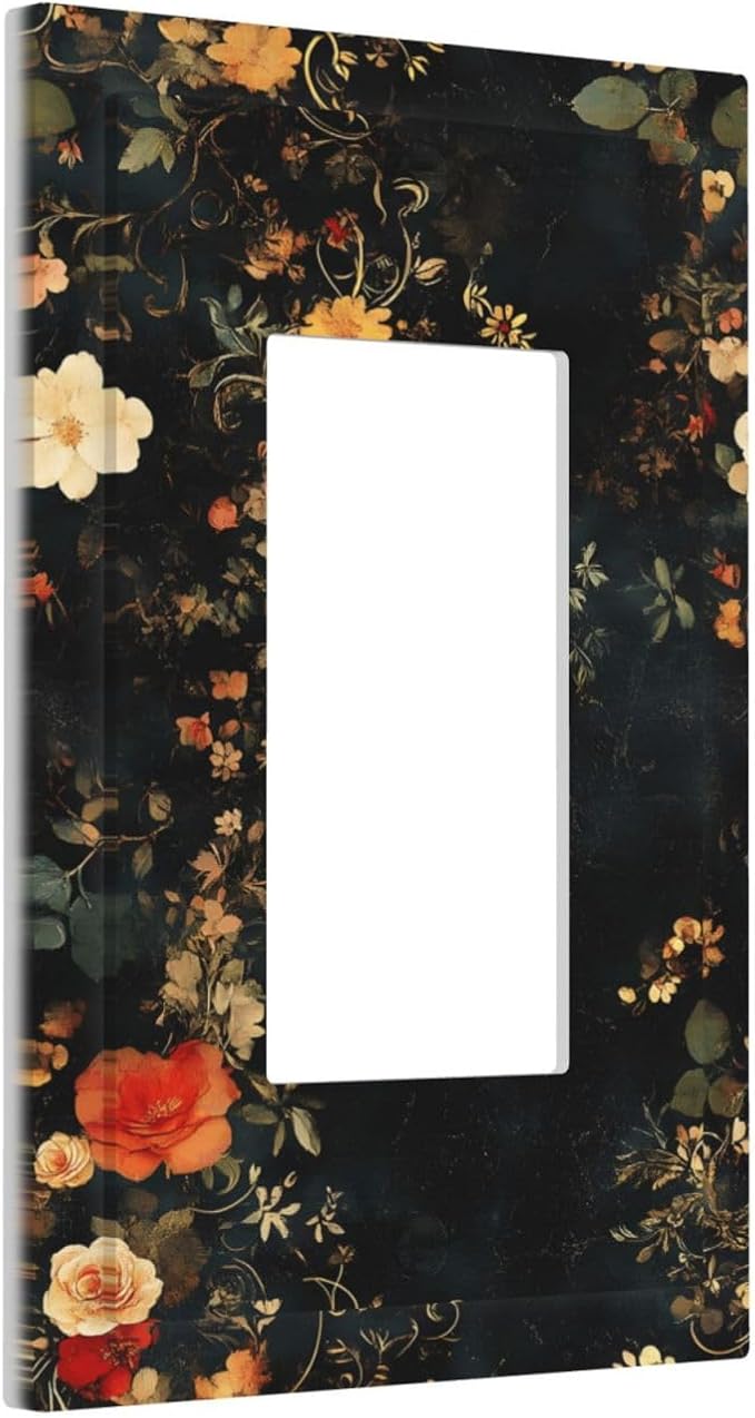 Vintage Orange Pink Black Roses Floral Flower Decorative Outlet Covers 1 Gang Single Rocker Light Switch Cover Plate Wall Plates GFCI Faceplate for Farmhouse Bedroom Decor